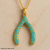 Turquoise Wishbone Pendant, 925 Sterling Silver Gold Plated Necklace, Pave Turquoise Good Luck Charm