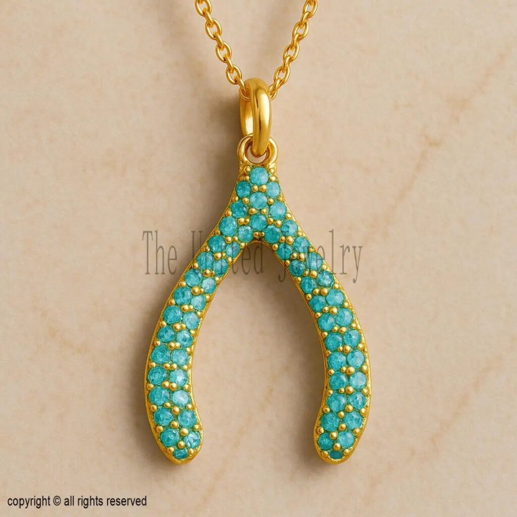 Turquoise Wishbone Pendant, 925 Sterling Silver Gold Plated Necklace, Pave Turquoise Good Luck Charm