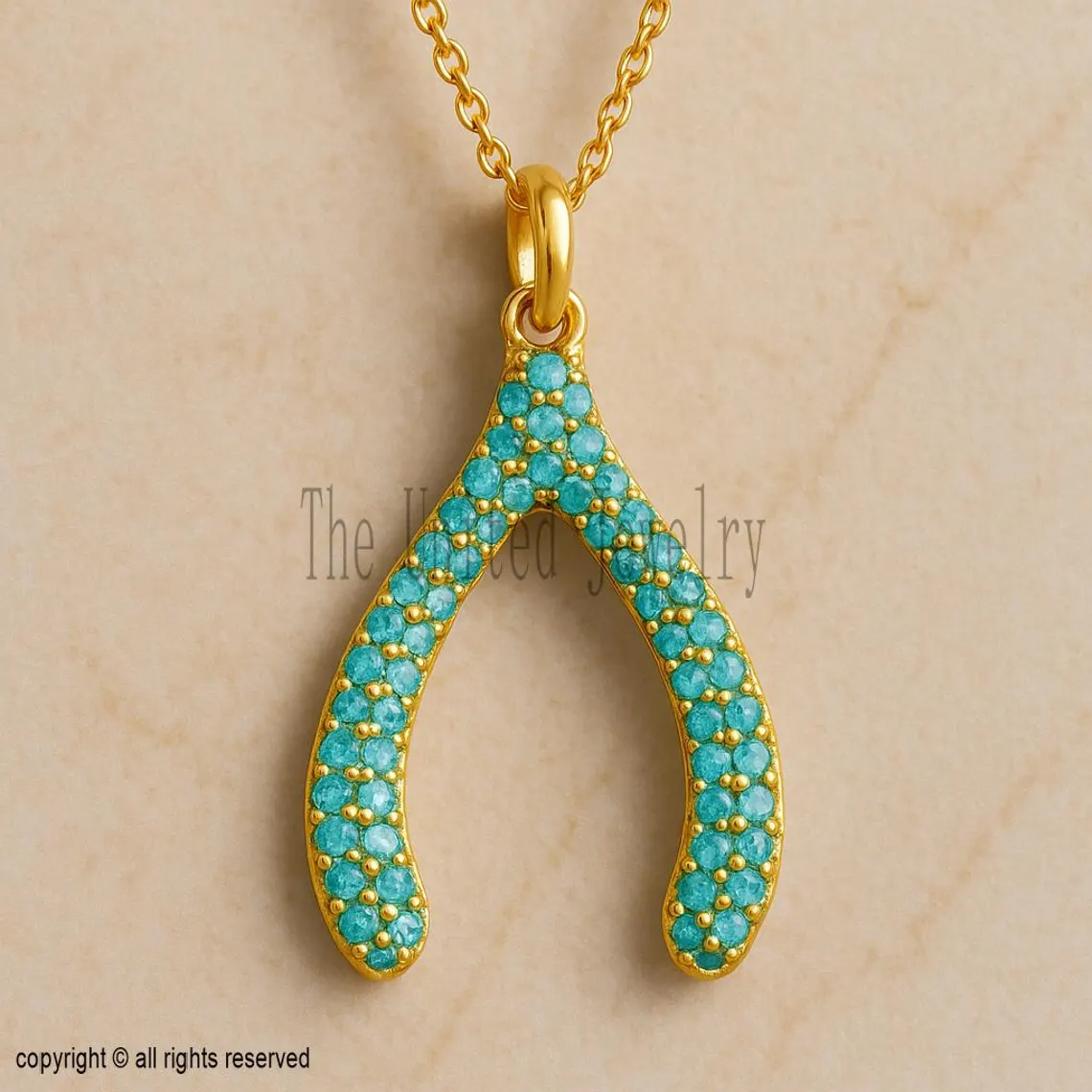 Turquoise Wishbone Pendant, 925 Sterling Silver Gold Plated Necklace, Pave Turquoise Good Luck Charm