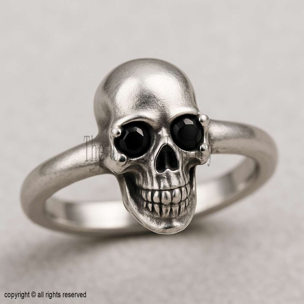 Sterling Silver Skull Ring: Gothic Biker Jewelry with Black Gemstone Eyes