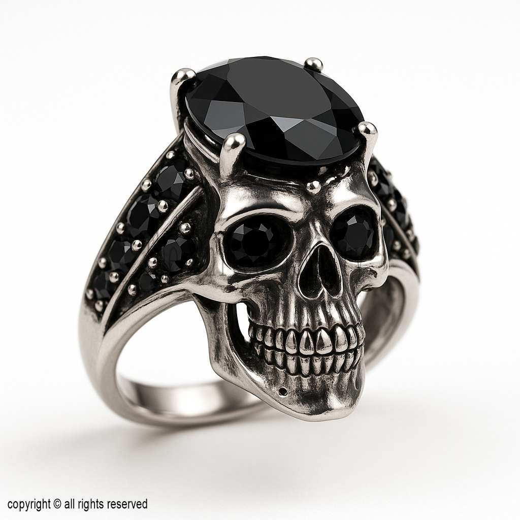 Black Onyx Skull Ring - Sterling Silver Plated Gothic Biker Jewelry