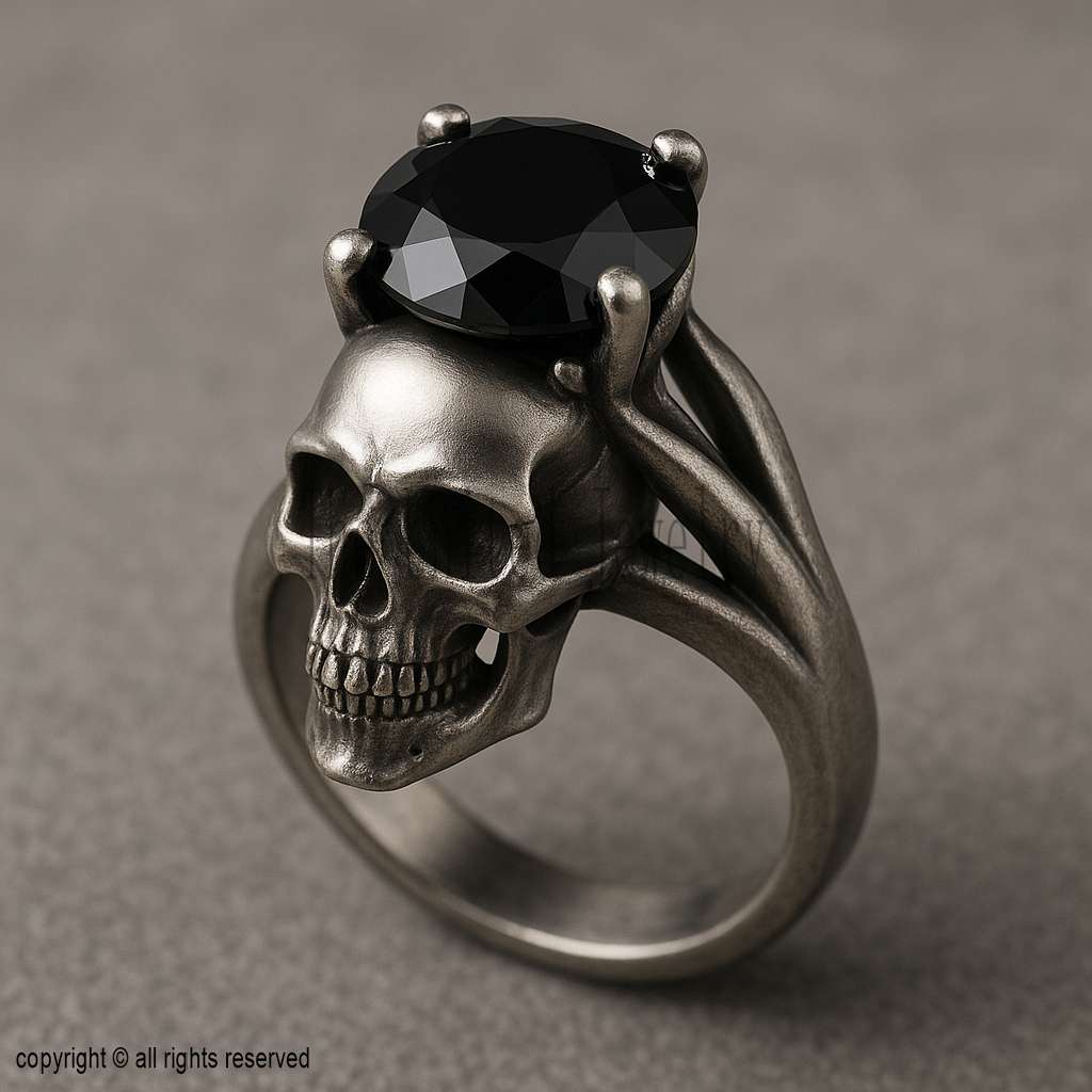 Oxidized Silver Skull Ring | Gothic Black Gemstone, Unisex
