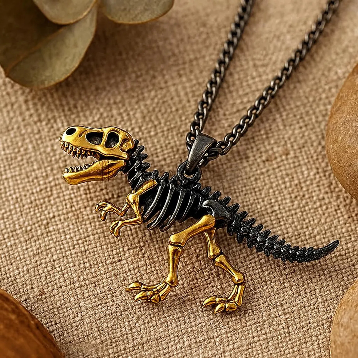 T-Rex Skeleton Pendant | Gold & Sterling Silver Dinosaur Necklace