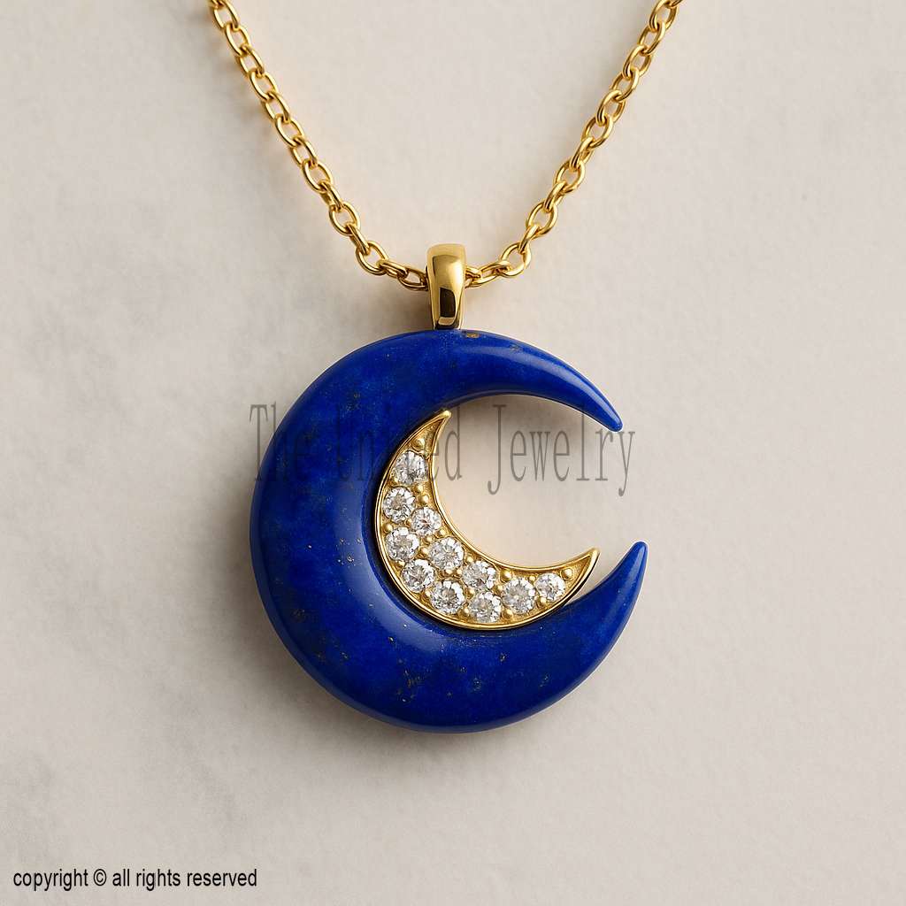 Blue Lapis Crescent Moon Necklace: 18K Gold, CZ Diamonds, Celestial Charm