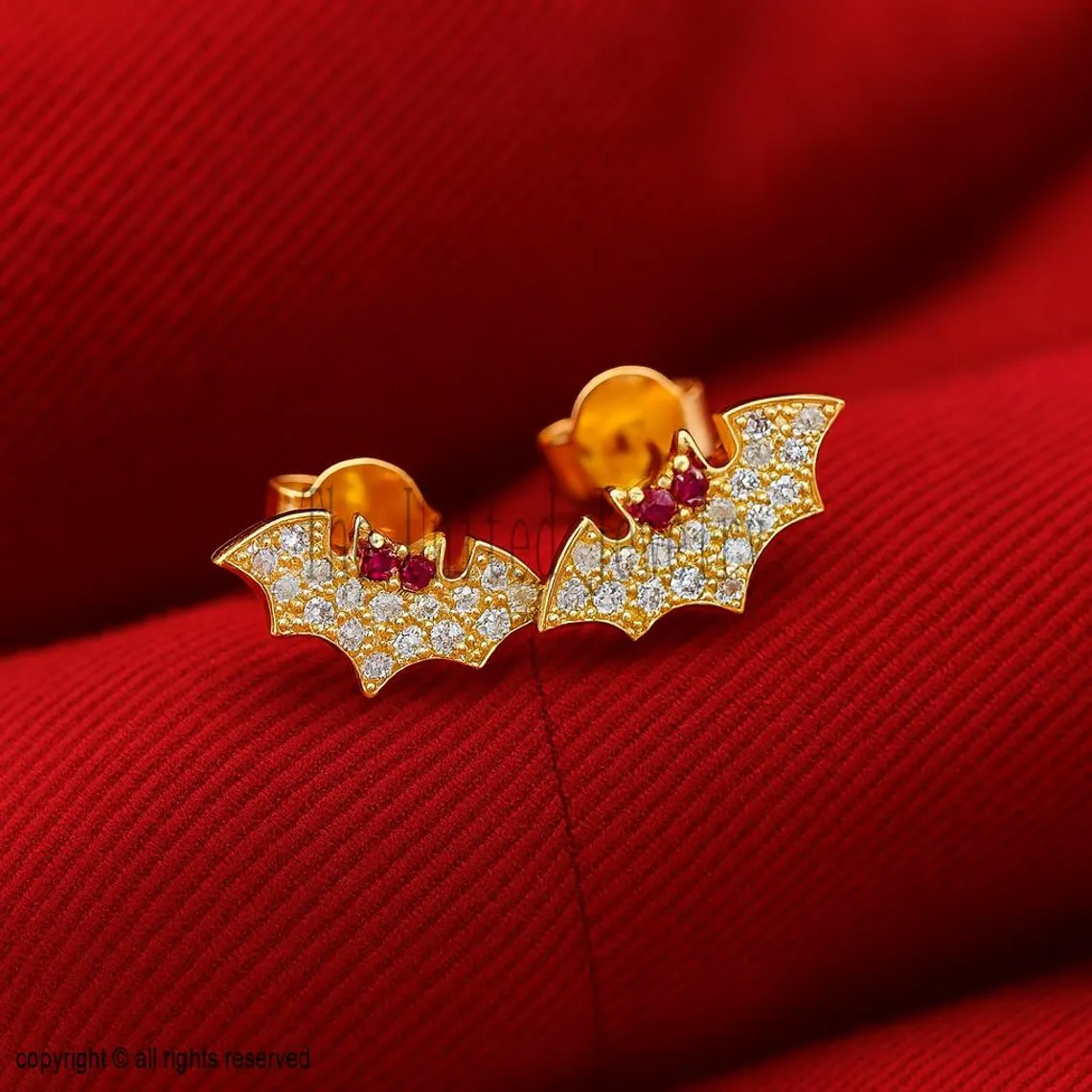 Pave Diamond With Ruby Handmade Bat Stud Earrings For Women's