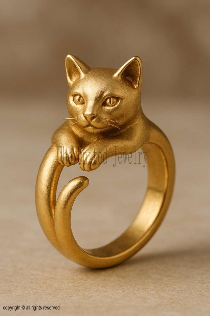 925 Sterling Silver Cat Ring | Gold Plated Adjustable Hugging Cat Design | Animal Lover Jewelry