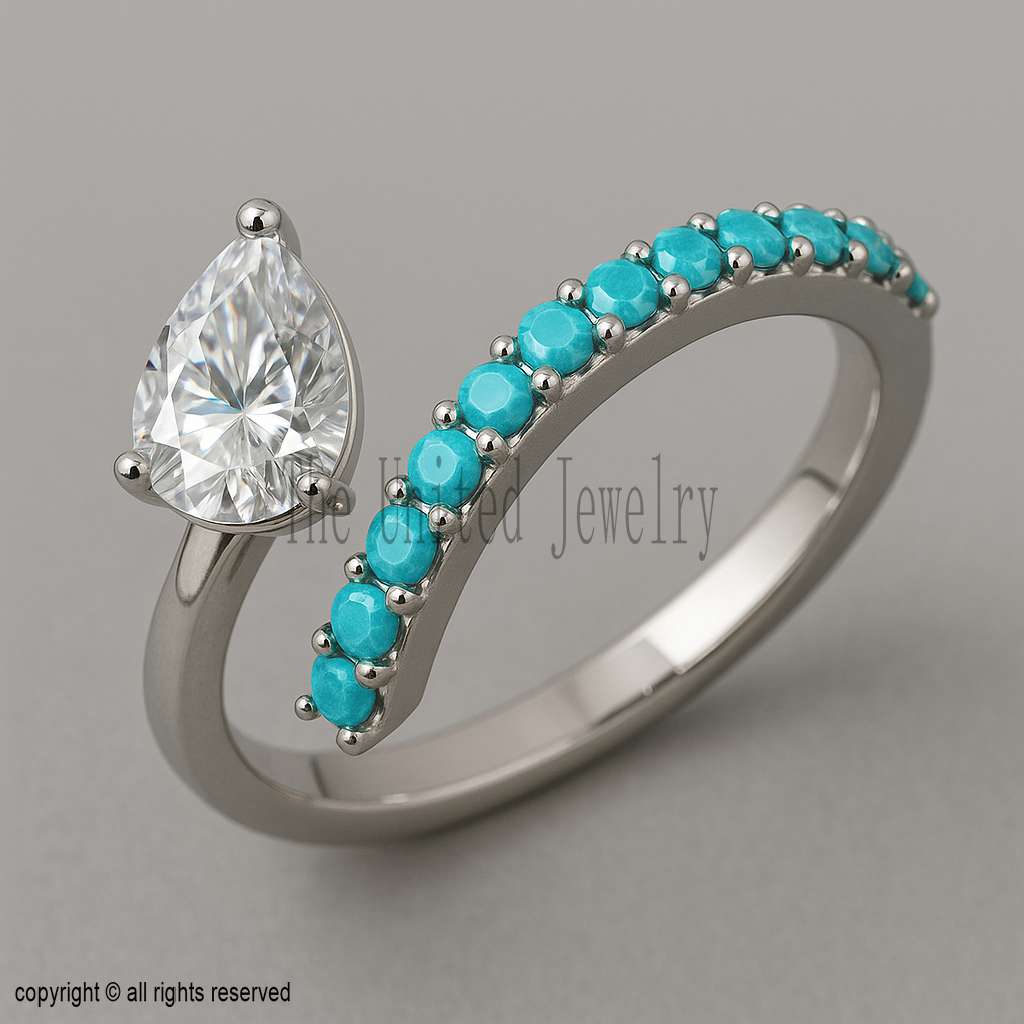 925 Sterling Silver Turquoise & Moissanite Open Ring | Pear Cut Solitaire Adjustable Ring