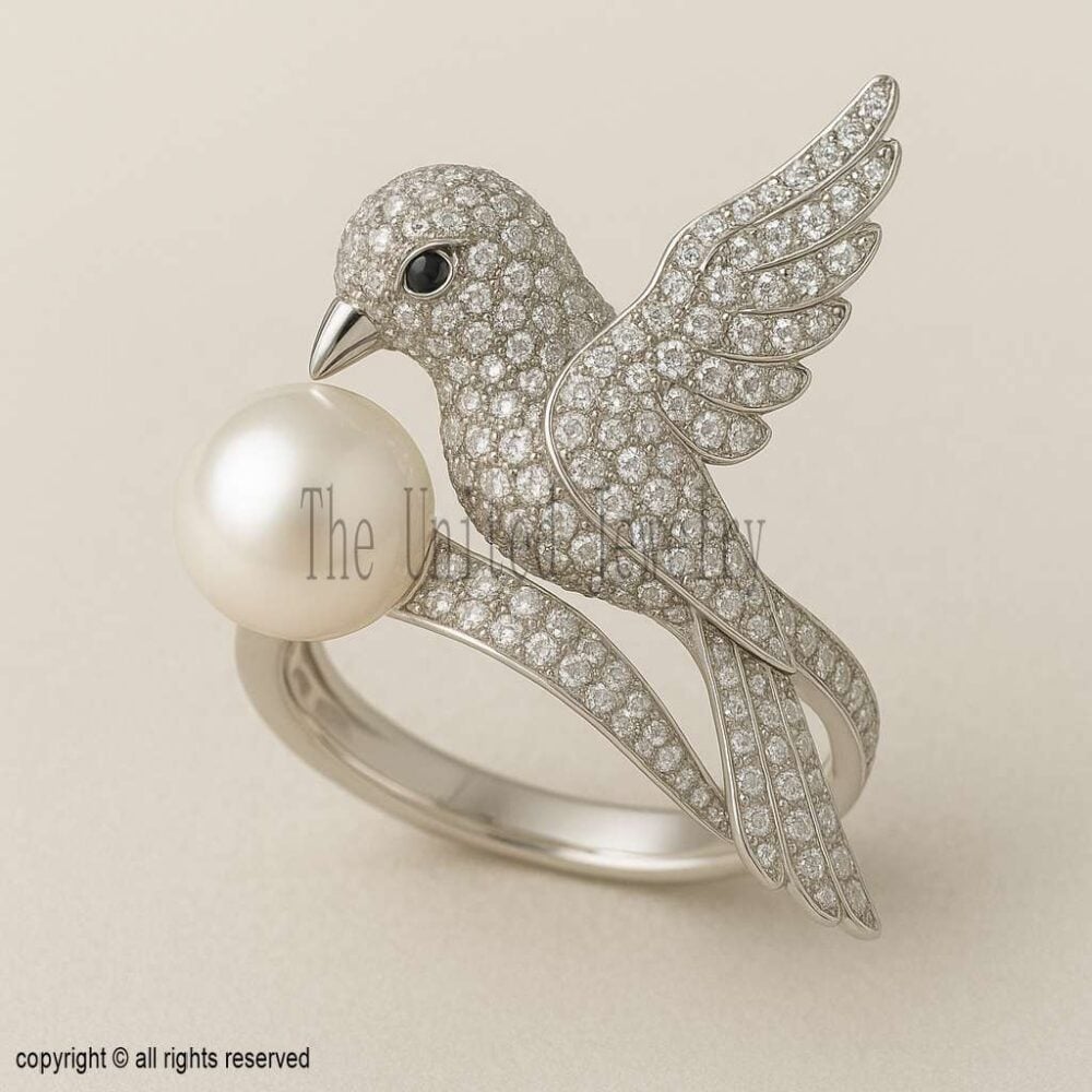 Moissanite Bird Ring: Sterling Silver Pearl Cocktail Ring