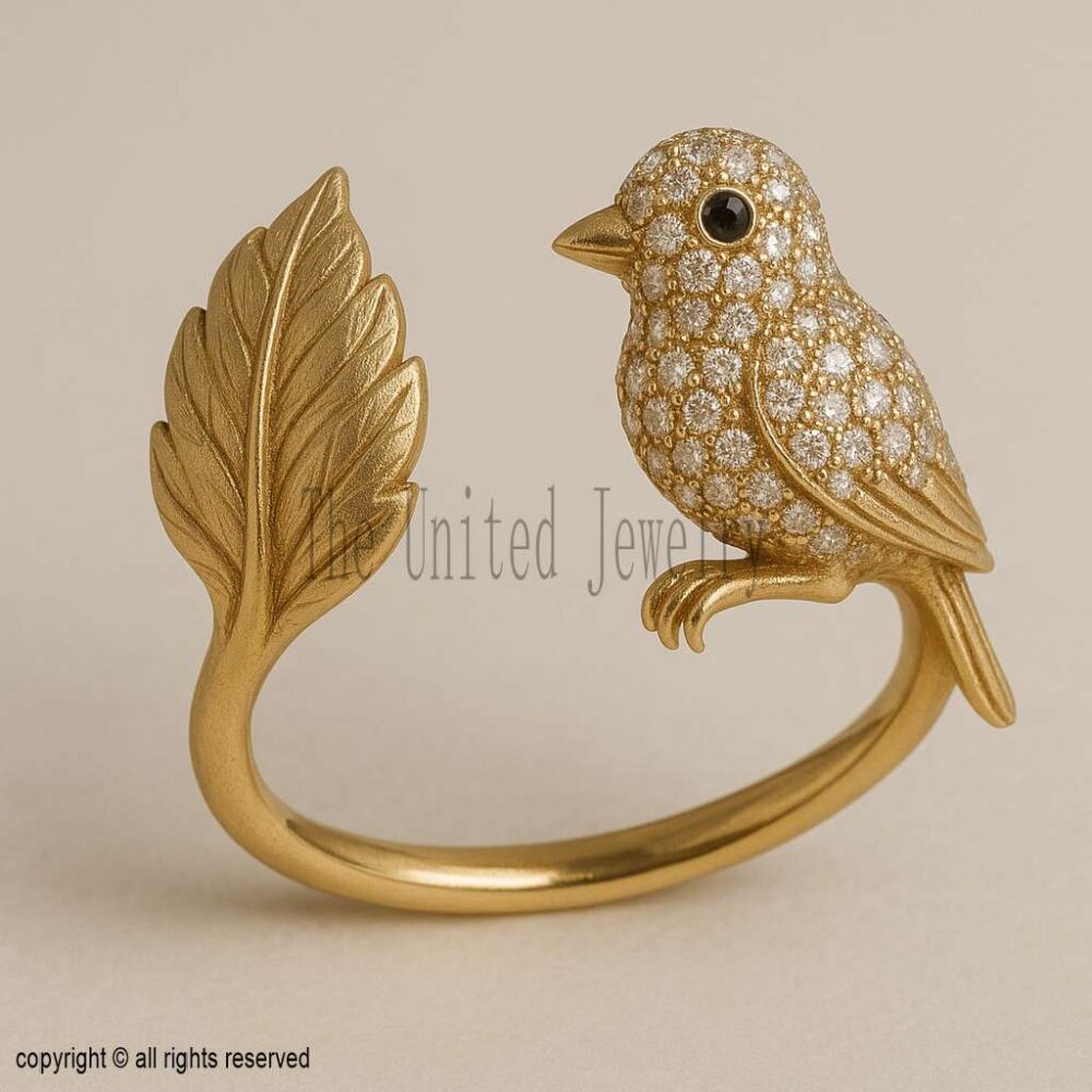 925 Sterling Silver Bird & Leaf Ring | Diamond Pave Animal Jewelry