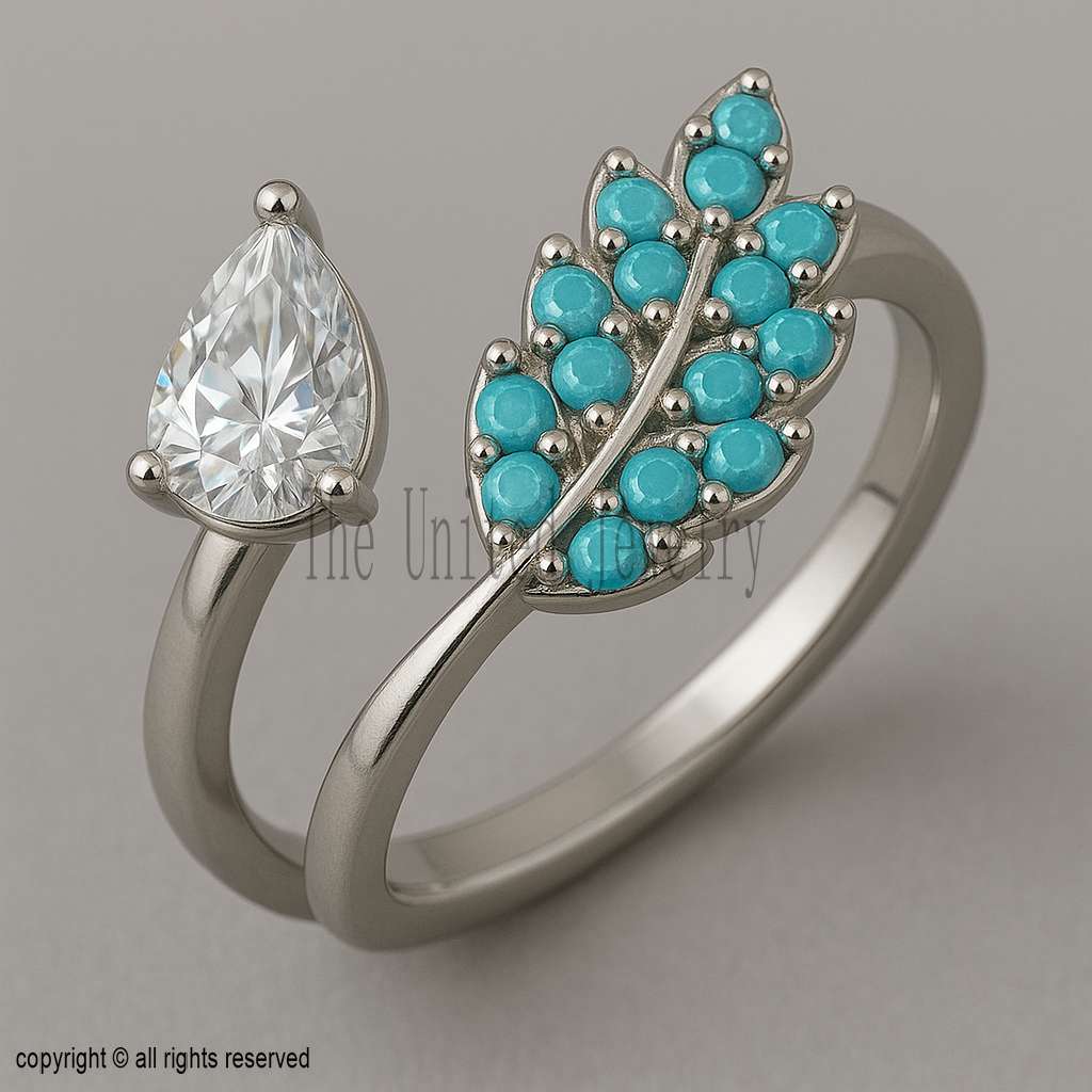 925 Sterling Silver Turquoise Leaf & Moissanite Ring | Open Adjustable Band