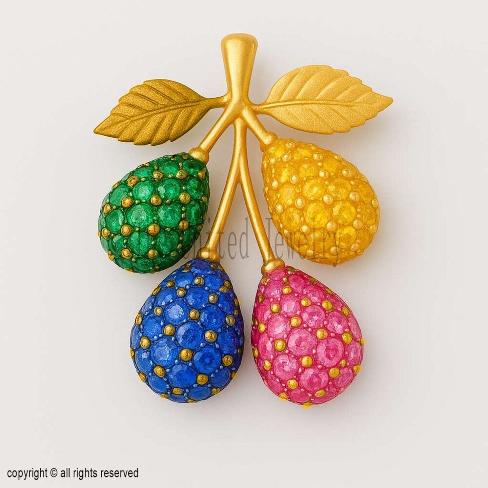 925 Sterling Silver Multi-Color Fruit Pendant | Gold Plated Pear Cluster Necklace with Gemstones