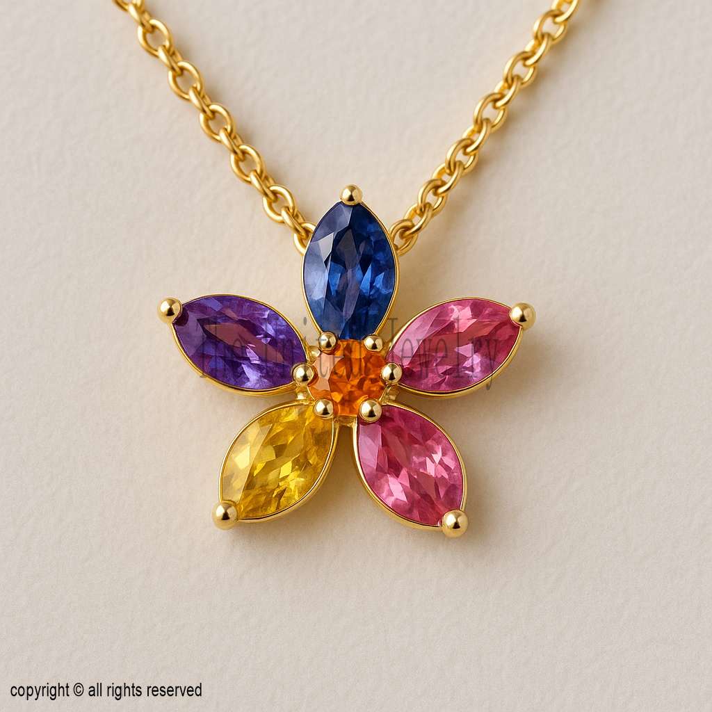 Gold Plated Multicolor Gemstone Flower Pendant Necklace | Rainbow Crystal Floral Jewelry
