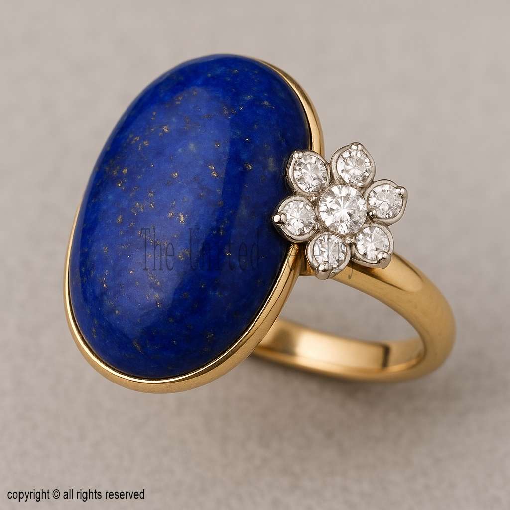 925 Sterling Silver Lapis Lazuli Ring with Diamond Cluster | Handmade Blue Gemstone Statement Ring