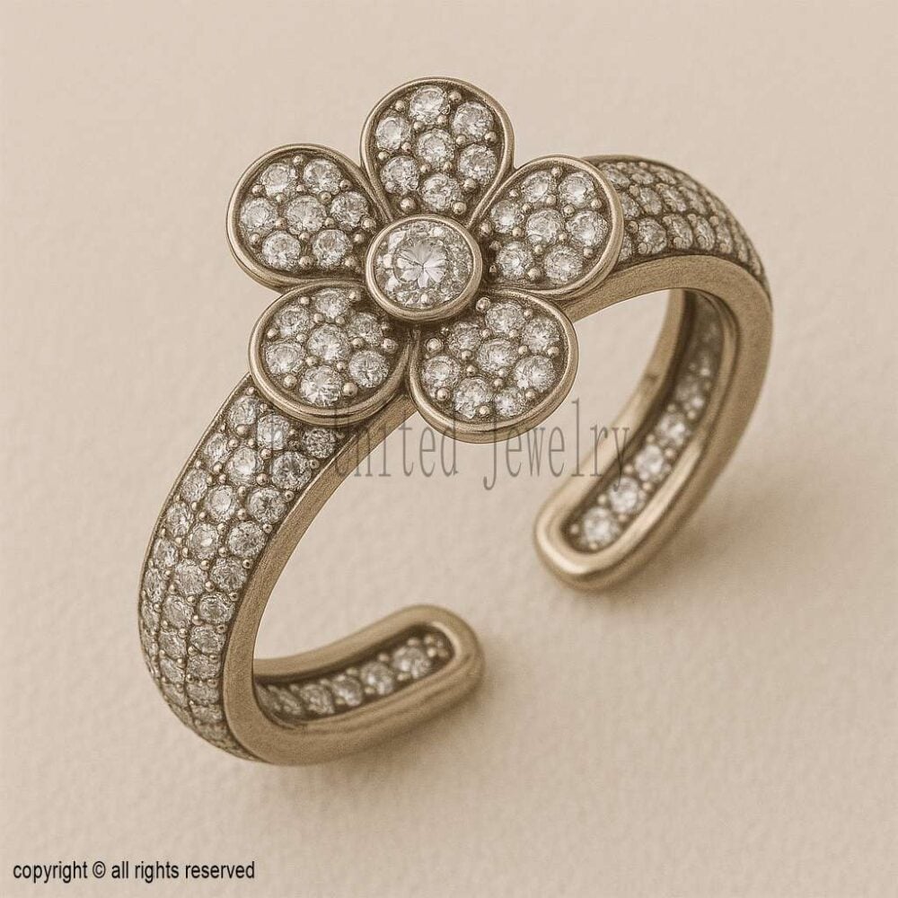 Handmade Diamond Flower Ring: Adjustable Open Band Cocktail Jewelry