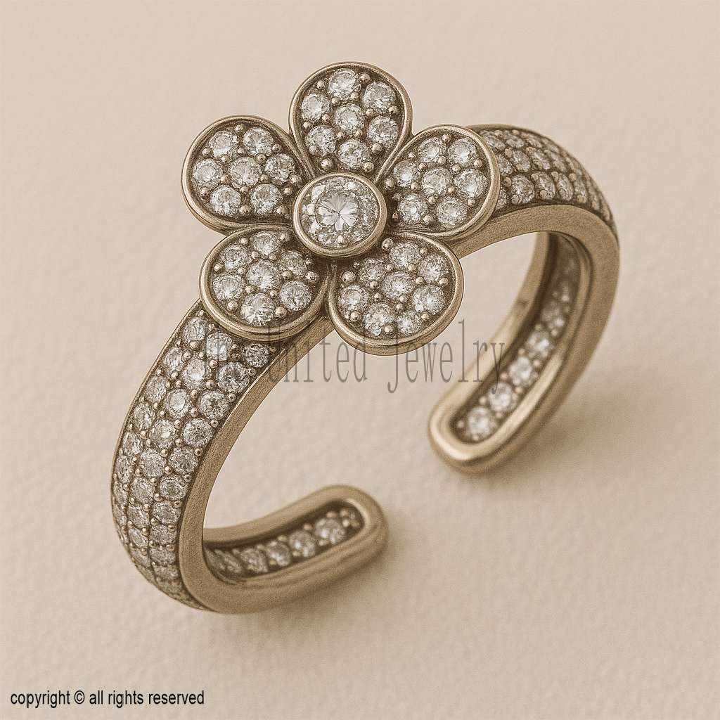 Handmade Diamond Flower Ring: Adjustable Open Band Cocktail Jewelry