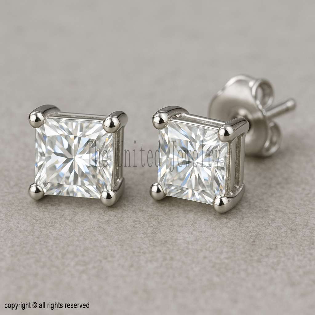 Princess Cut Moissanite Stud Earrings: 925 Sterling Silver Basket Setting