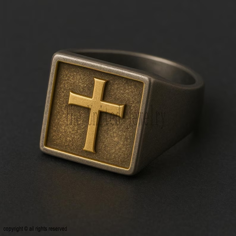 Men’s Cross Signet Ring – 925 Sterling Silver with Gold Cross, Religious Christian Jewelry