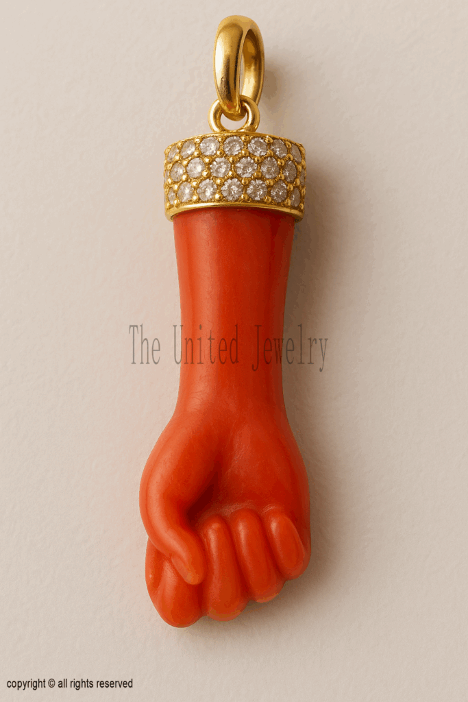 Coral Figa Hand Pendant with Diamond Gold Cap | Italian Amulet Jewelry