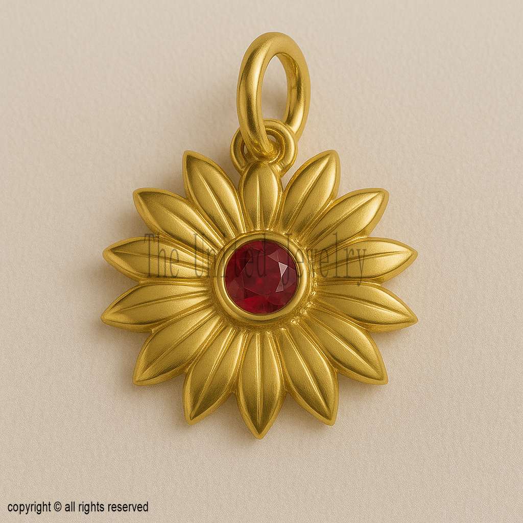 925 Sterling Silver Flower Pendant | Gold Plated Sunflower Charm with Red Stone