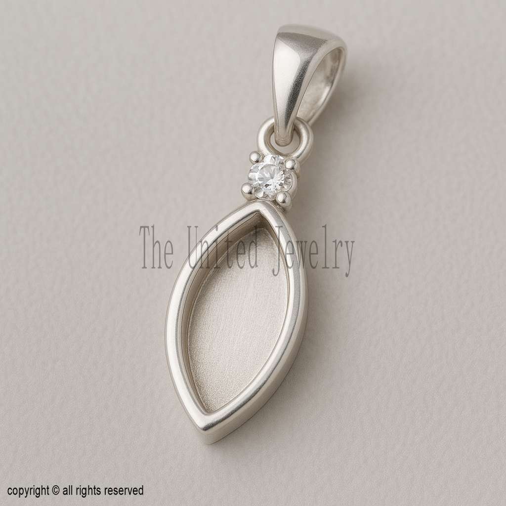 925 Sterling Silver Pendant Setting with Round CZ – Marquise Shape Bezel Mount for Gemstones