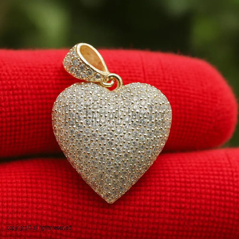 Sterling Silver Pave Diamond Heart Pendant - Handmade Jewelry (35mm)