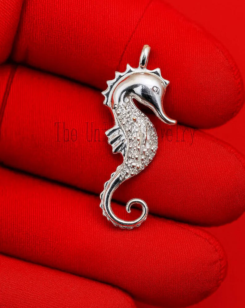 Pave Diamond Handmade Seahorse Pendant 925 Sterling Silver Jewelry