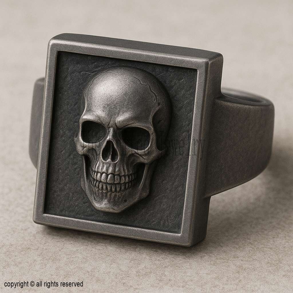 Oxidized Sterling Silver Skull Signet Ring: Gothic Biker Jewelry