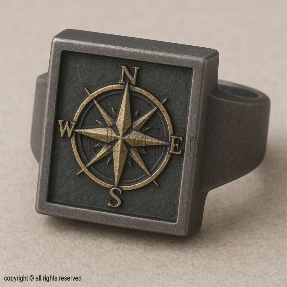 925 Sterling Silver Compass Signet Ring | Oxidized Two-Tone Biker Ring | Men’s Nautical Adventure Jewelry