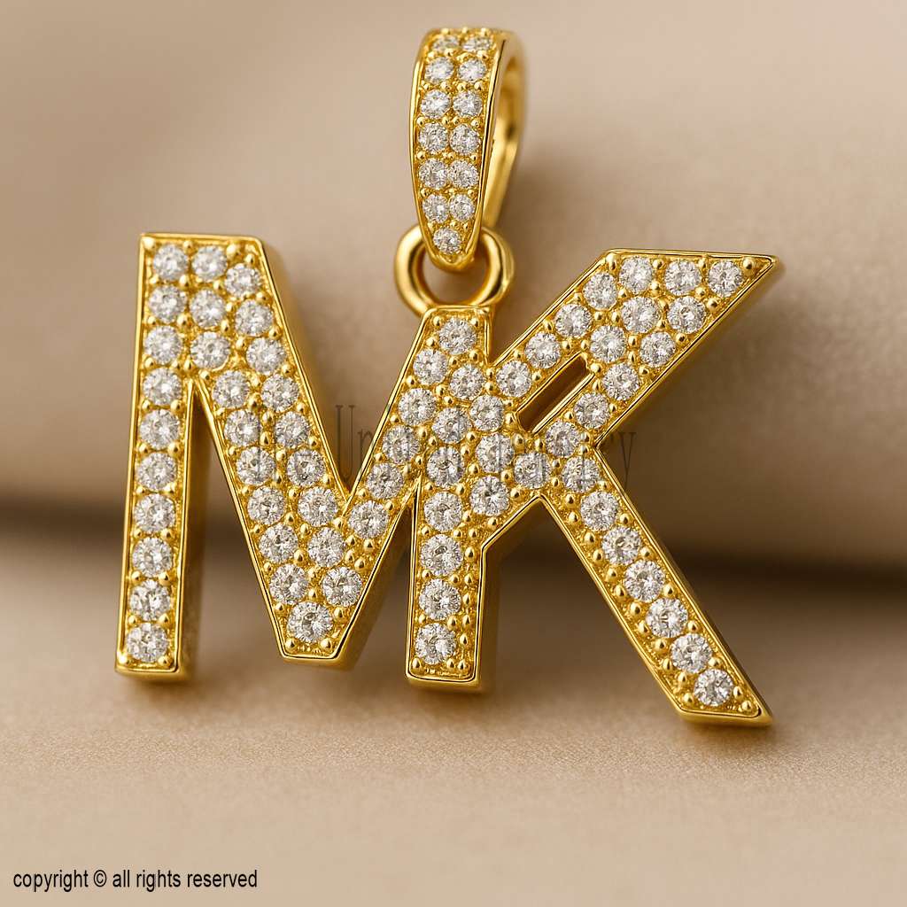 925 Sterling Silver Custom Initial Pendant | Gold Plated MK Letter Charm with Moissanite Stones