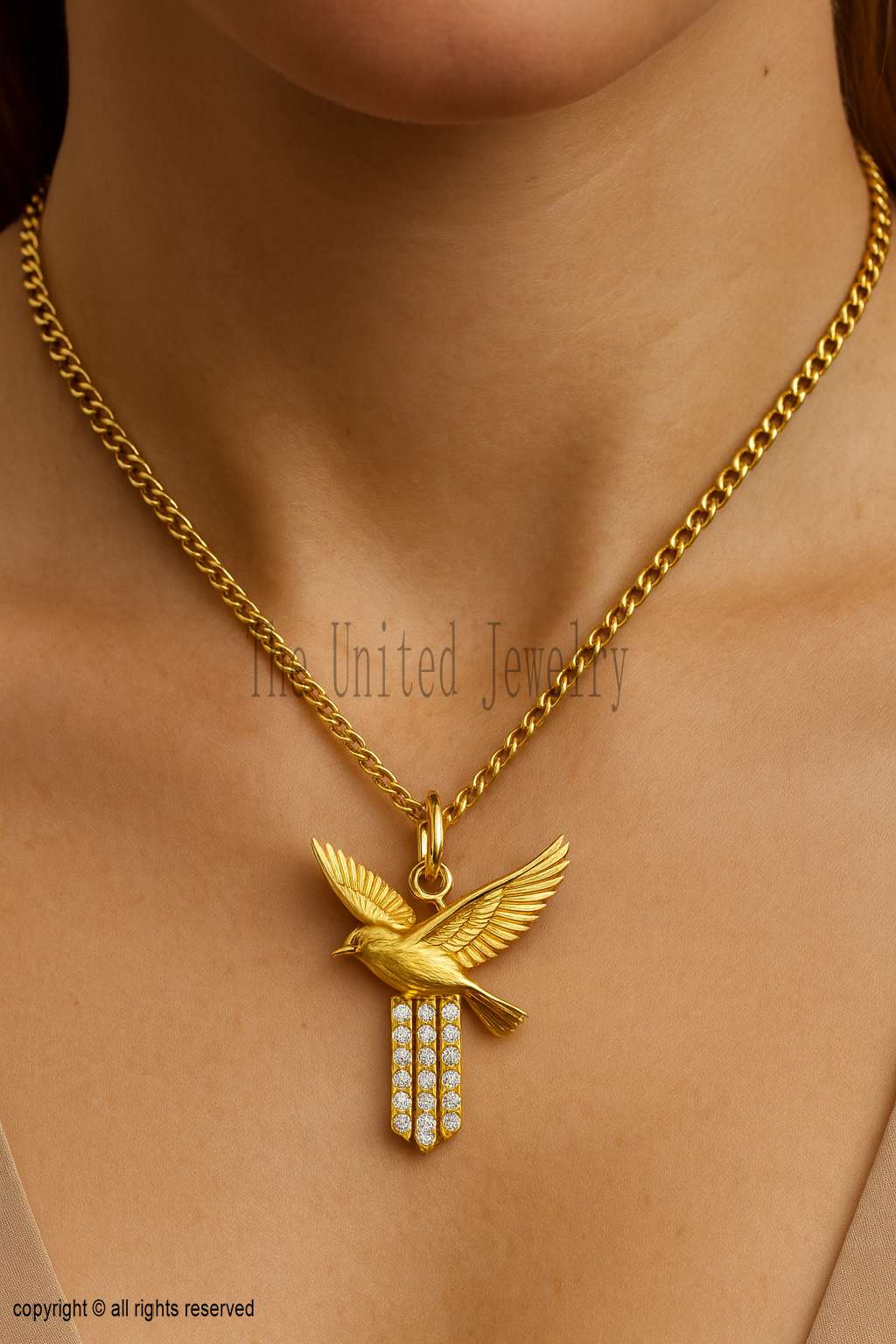 925 Sterling Silver Gold Plated Bird Pendant | Flying Bird Charm with Moissanite Stones