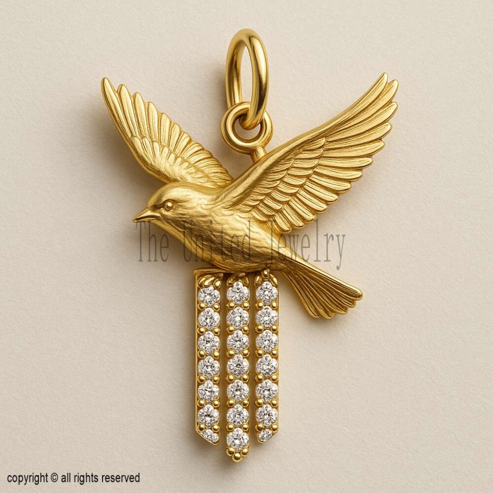 925 Sterling Silver Gold Plated Bird Pendant | Flying Bird Charm with Moissanite Stones