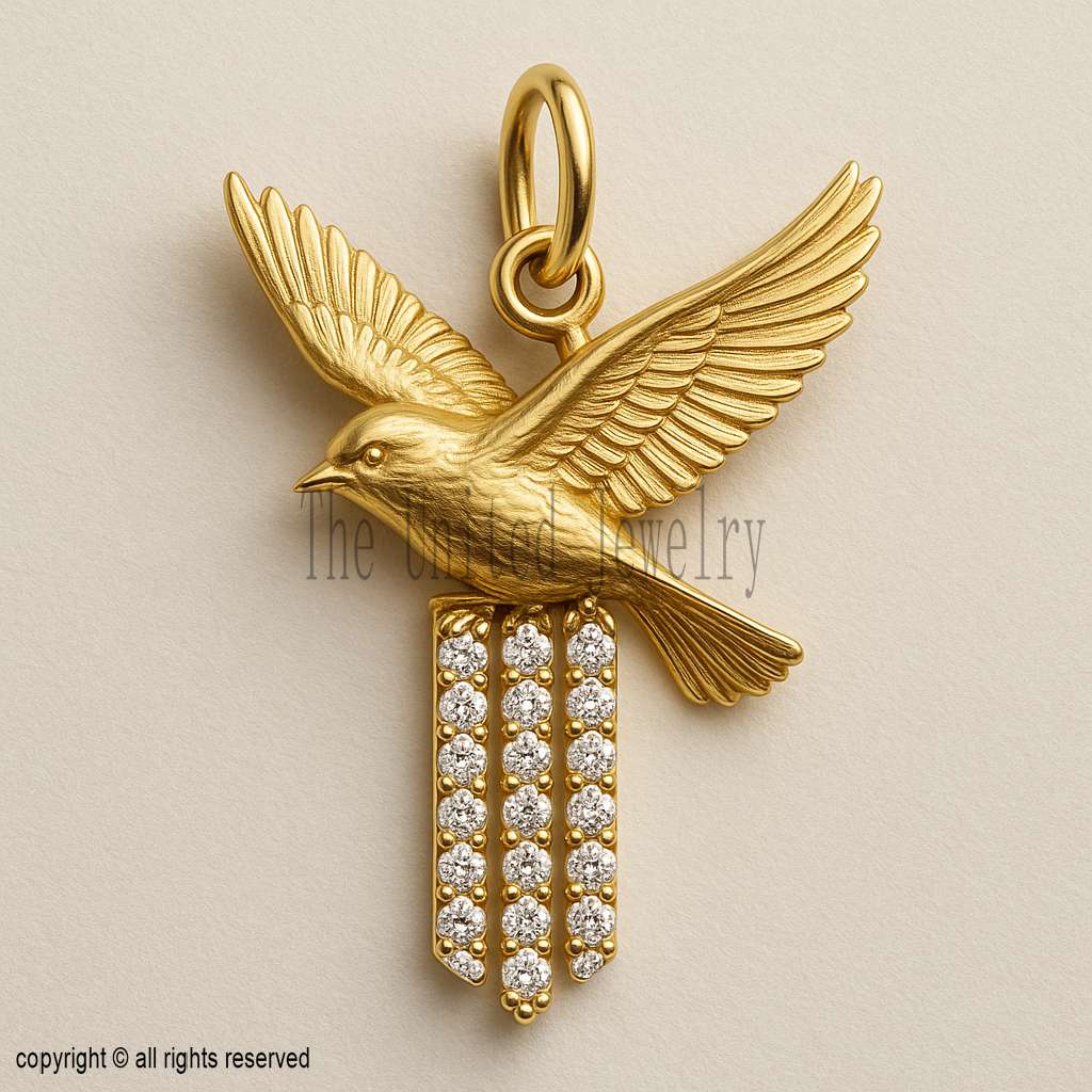 925 Sterling Silver Gold Plated Bird Pendant | Flying Bird Charm with Moissanite Stones