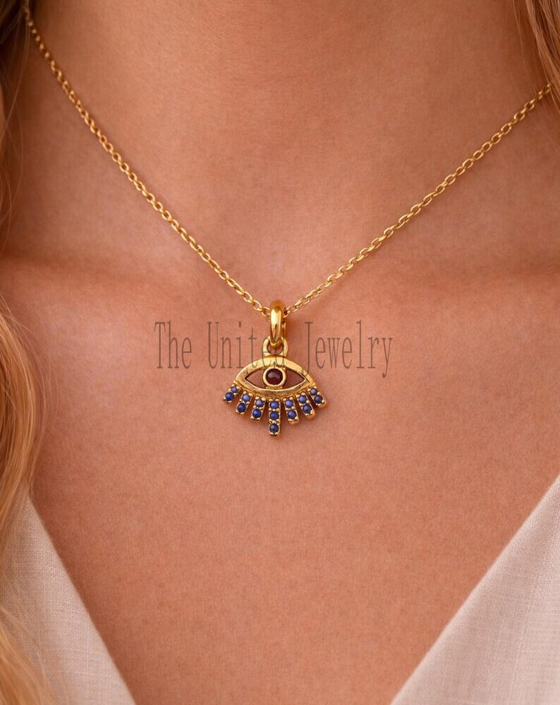 Blue Sapphire Evil Eye Pendant: 14k Gold Over Sterling Silver