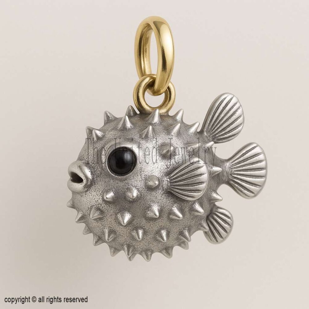 Sterling Silver Puffer Fish Pendant - Spiky Ocean Animal Charm