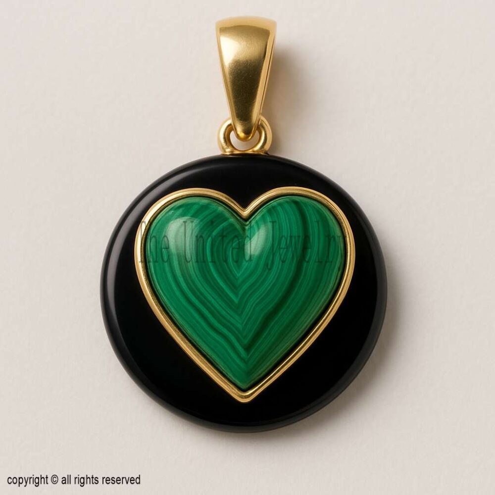 Malachite Heart Pendant – Gold Plated Sterling Silver, Black Onyx Necklace