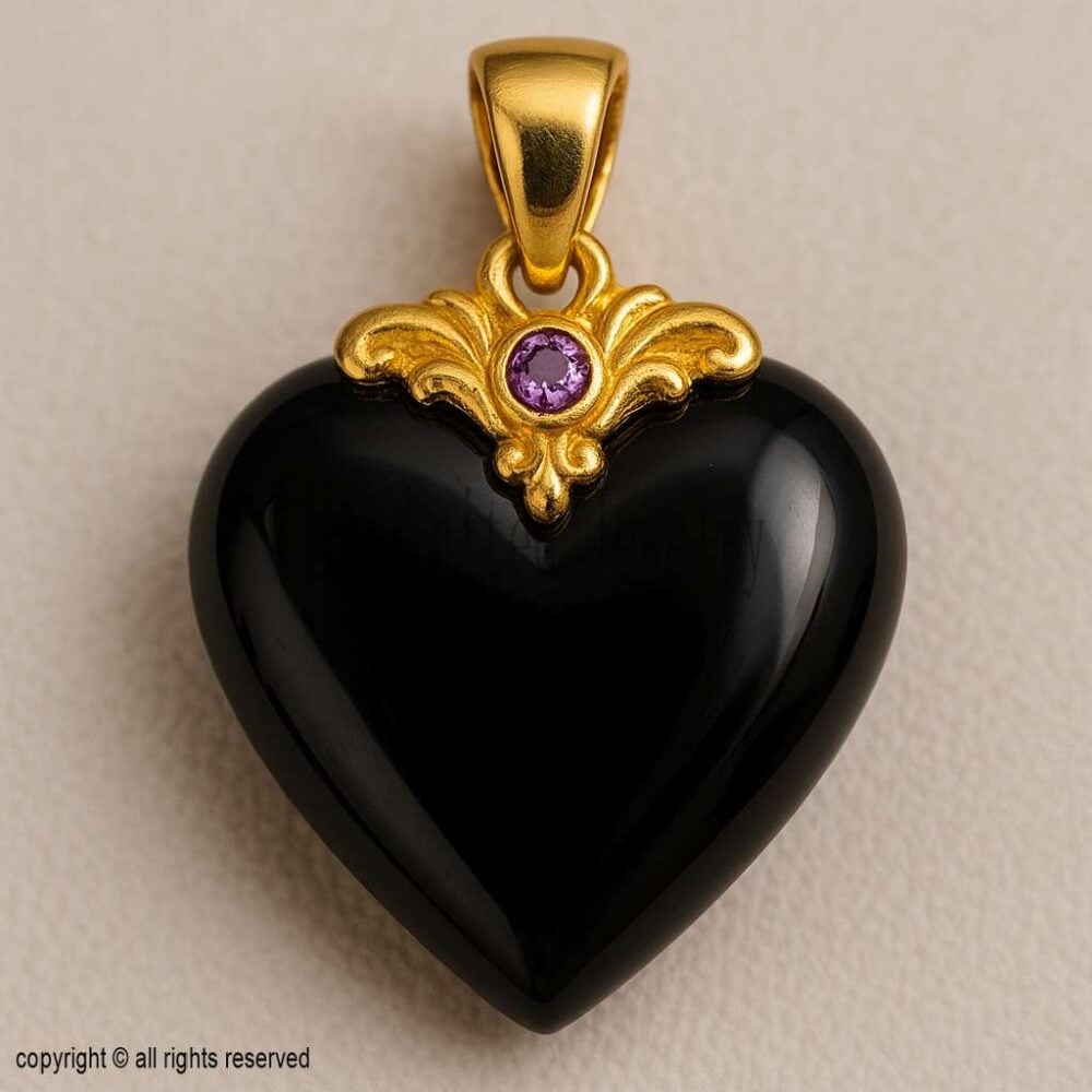 925 Sterling Silver Black Onyx Heart Pendant with Gold Detailing & Amethyst Accent