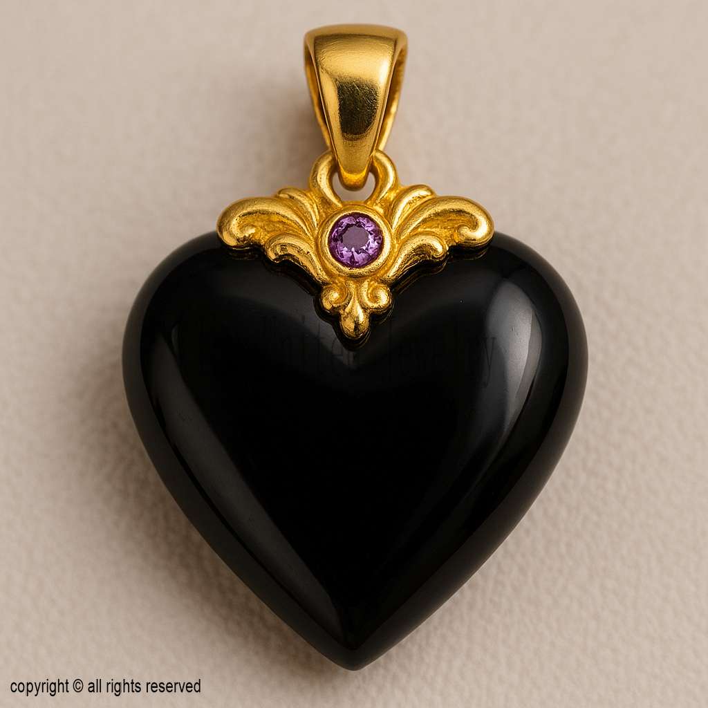 925 Sterling Silver Black Onyx Heart Pendant with Gold Detailing & Amethyst Accent