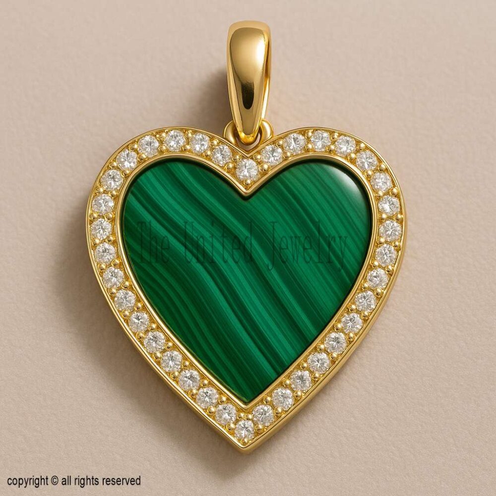 Malachite Heart Pendant with Moissanite Halo – 925 Sterling Silver, 18K Gold Plated Gemstone Necklace