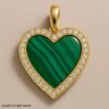 Malachite Heart Pendant with Moissanite Halo – 925 Sterling Silver, 18K Gold Plated Gemstone Necklace