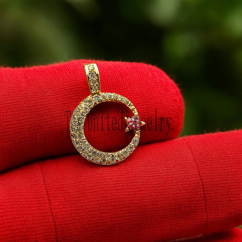Moissanite Crescent Moon Necklace: Sterling Silver Ruby Star Pendant