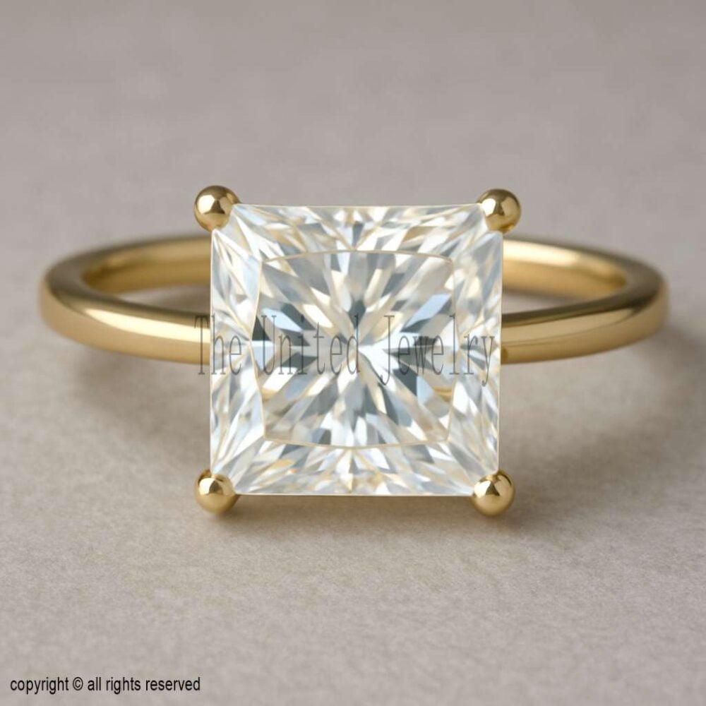 Princess Cut Moissanite Solitaire Ring: 18K Gold Plated Sterling Silver