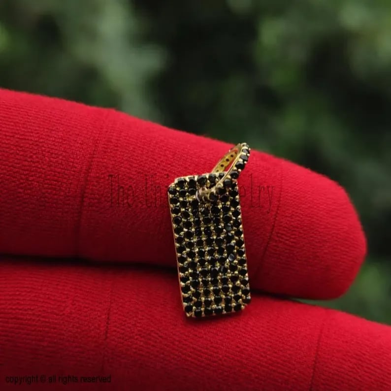 Black Spinel Handmade 925 Sterling Silver Designer Dog tag Charm Pendant Necklace Jewelry