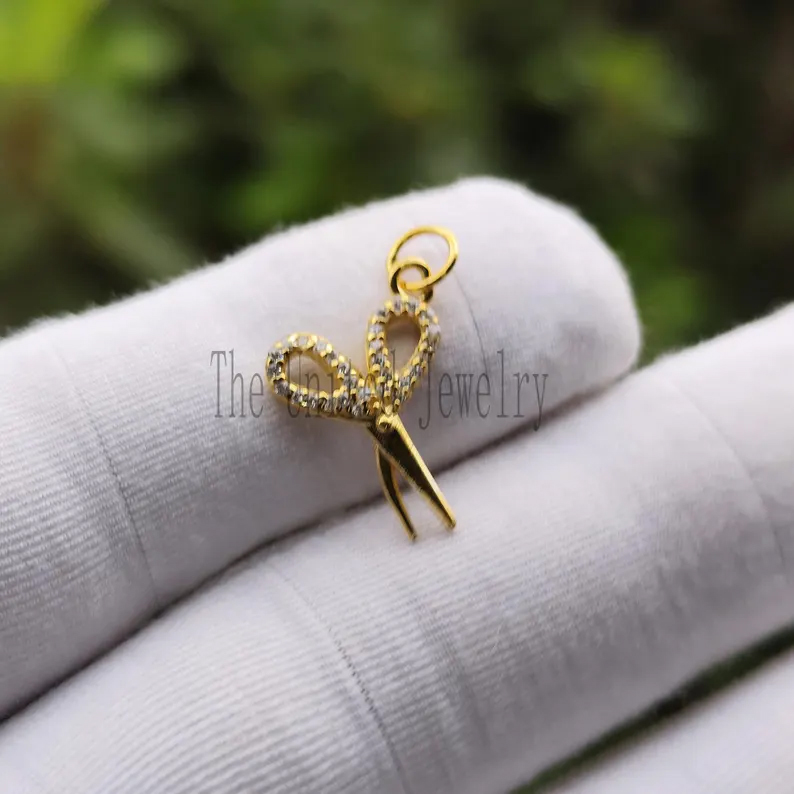 Dainty Diamond Handmade 925 Sterling Silver Scissors Charm Pendant Necklace Jewelry