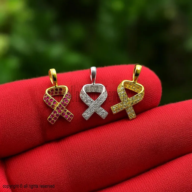 Diamond Awareness Ribbon Pendant: Sterling Silver Necklace, 15mm