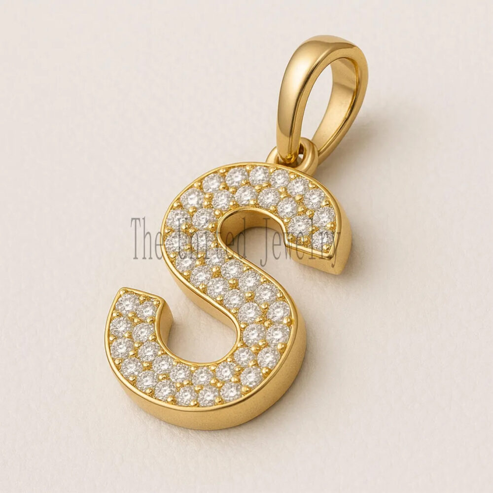 Gold Plated Sterling Silver Initial S Charm Pendant: Cubic Zirconia Letter Necklace