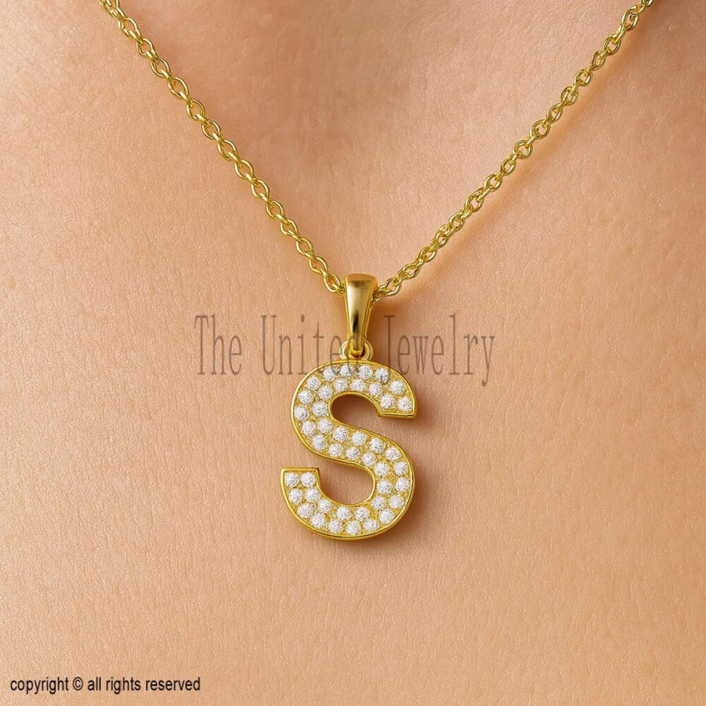 Gold Plated Sterling Silver Initial S Charm Pendant: Cubic Zirconia Letter Necklace