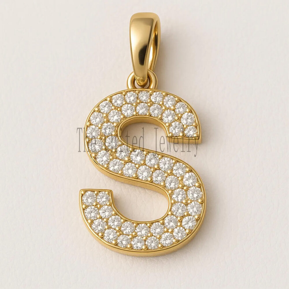 Gold Plated Sterling Silver Initial S Charm Pendant: Cubic Zirconia Letter Necklace