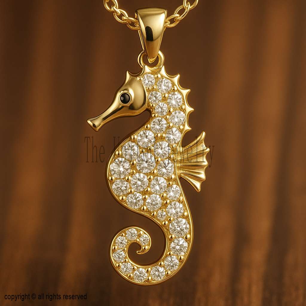 925 Sterling Silver Seahorse Pendant | Gold Plated Ocean Charm with Moissanite Stones