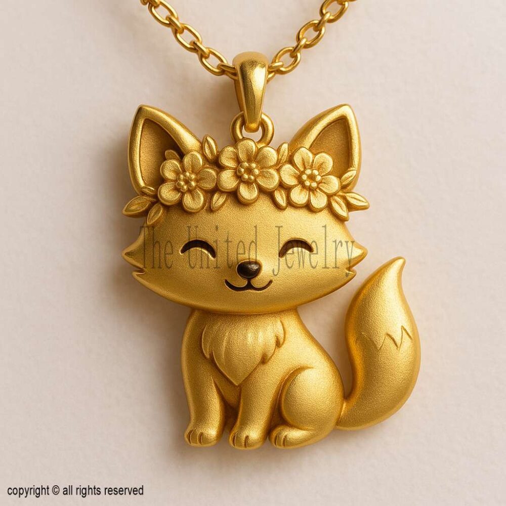 Gold Plated Fox Necklace: Sterling Silver Charm with Flower Crown