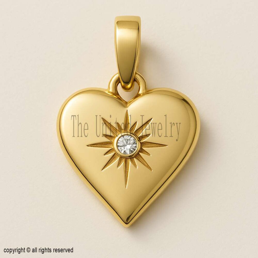 Gold Plated Sterling Silver Heart Pendant Necklace: Moissanite Starburst